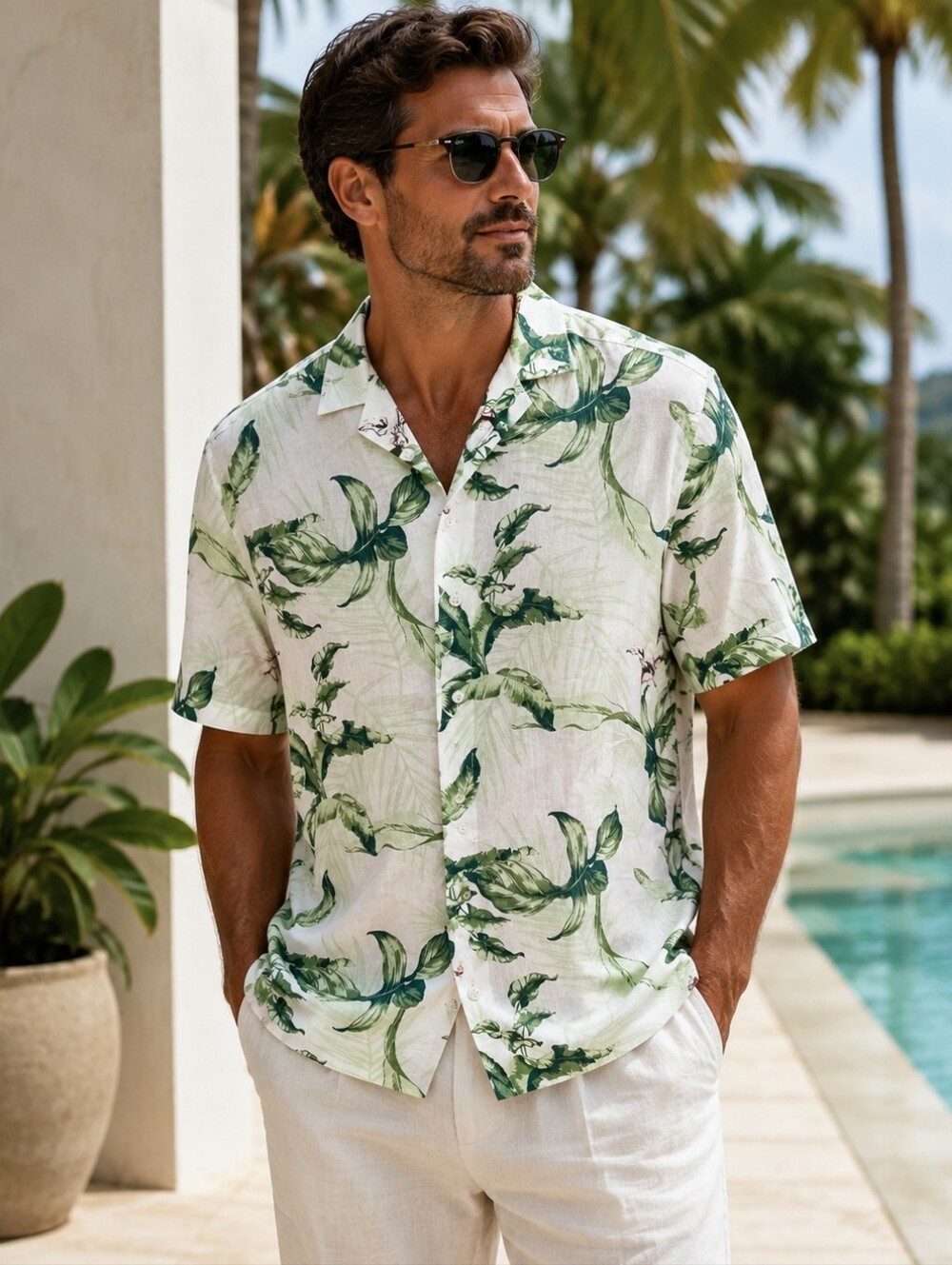 Cubavera White Short-Sleeve Button-Down Shirt with Green Leaf Print